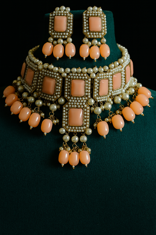 Peach Kundan Choker Set with Pearls – Bridal Statement Jewelry with Matching Earrings | Wedding & Party Wear
