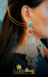 Puta Doublet Stone Over Sized Earrings with Paachi Kundan Work