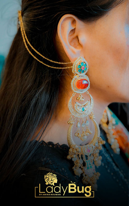 Puta Doublet Stone Over Sized Earrings with Paachi Kundan Work