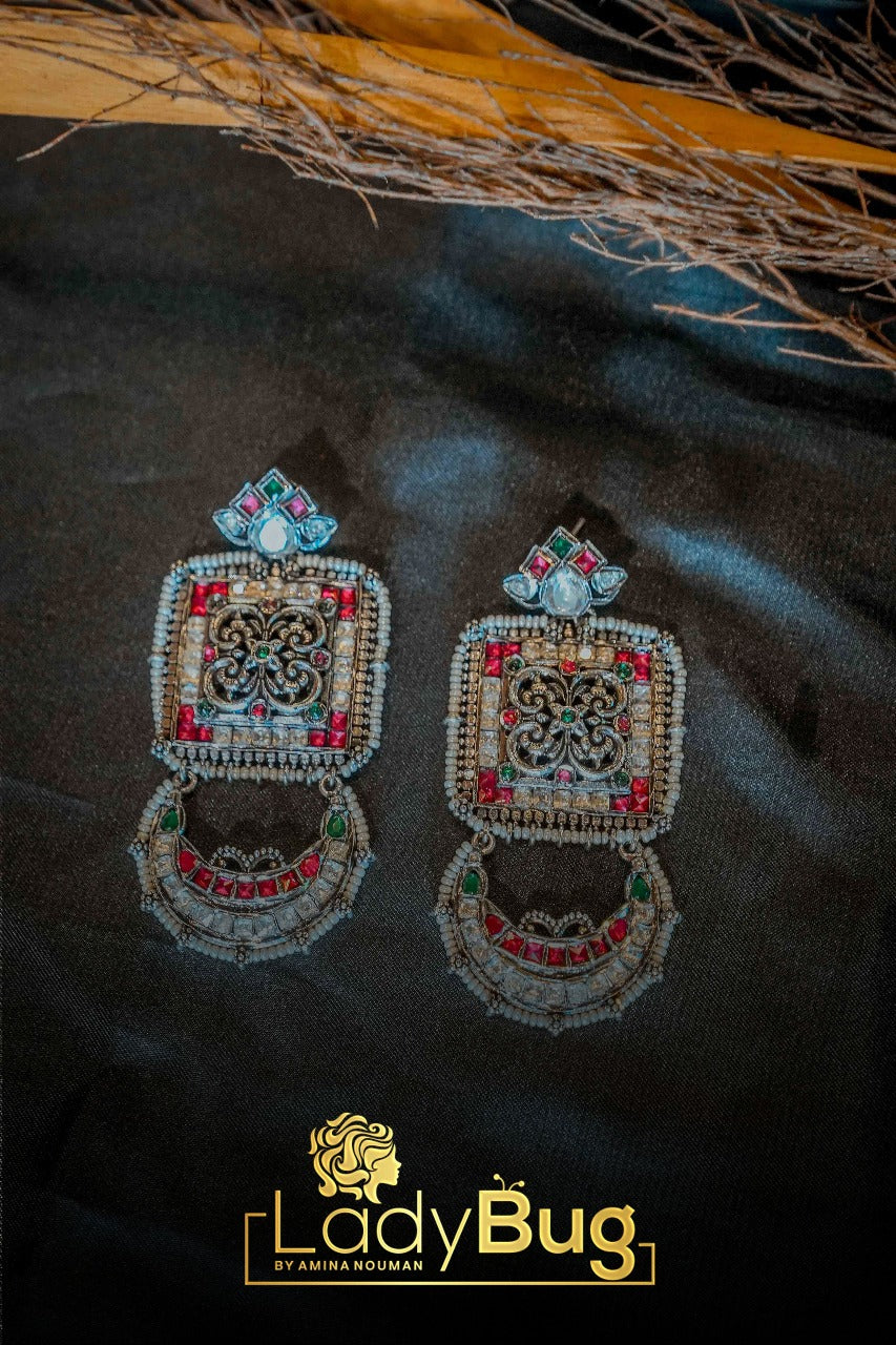 Silver Golden Stone Earrings LB-901