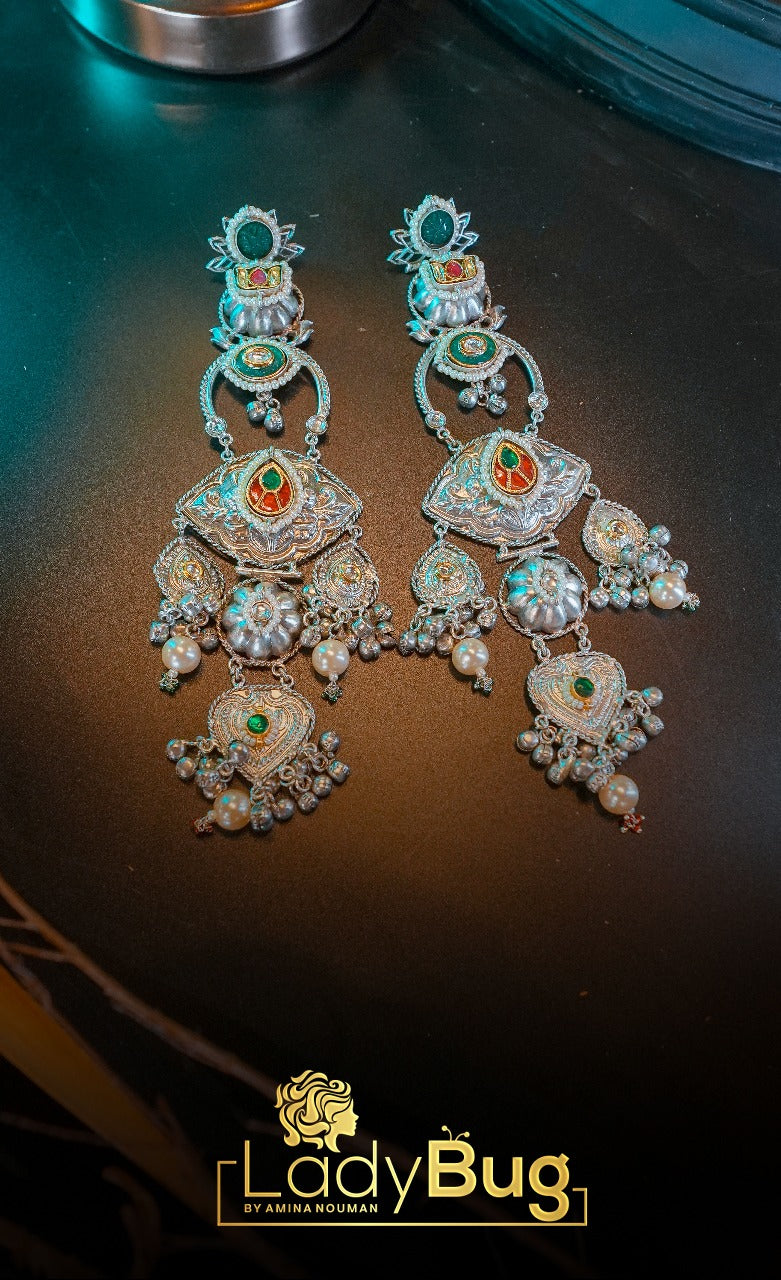 German Silver  Stone long Earrings with Paachi Kundan Work