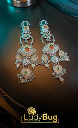 German Silver  Stone long Earrings with Paachi Kundan Work (LB-905)