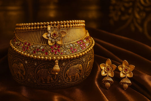 Tiyani Kundan Indian Rajhwari Set – Antique Gold Choker with Ruby Stones & Floral Earrings