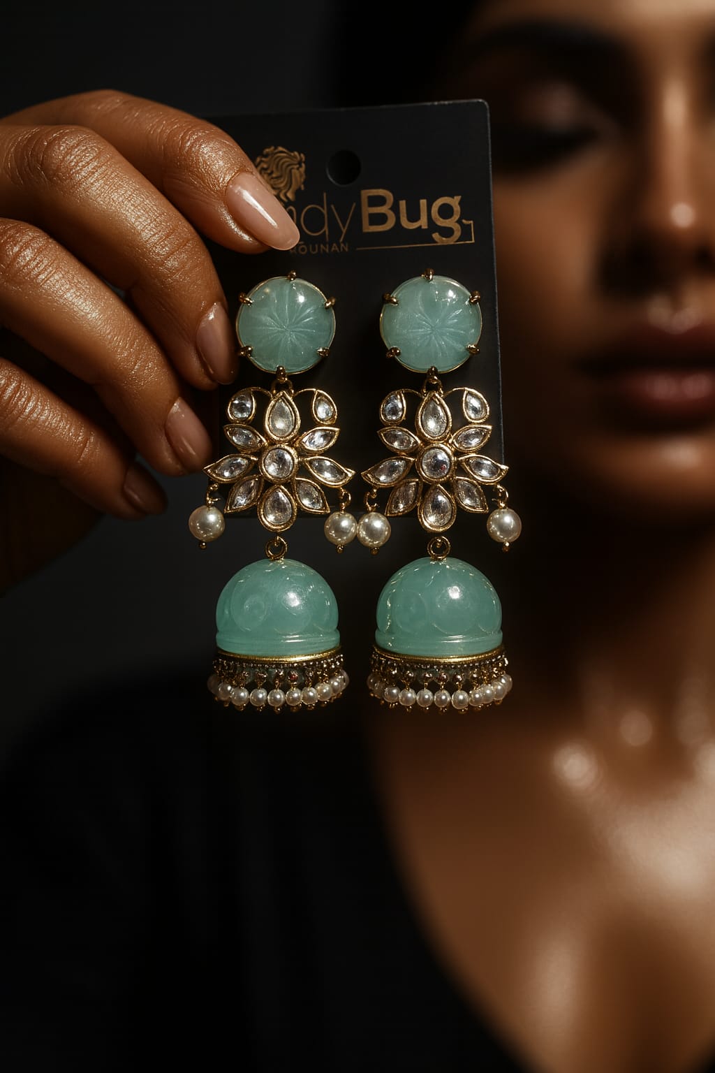 Mint Green Kundan Jhumka Earrings | Polki Floral Statement Earrings with Pearl Detailing