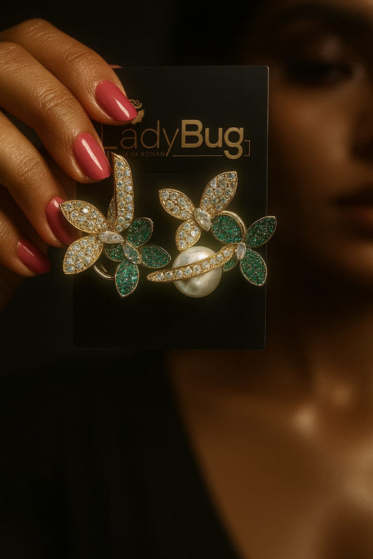 Emerald & Crystal Butterfly Stud Earrings with Pearl Accent | Luxury Statement Earrings