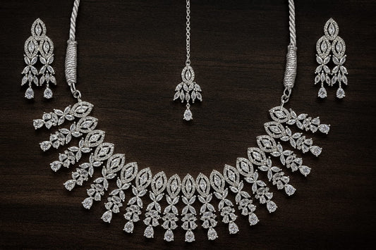 Luxury Diamond Bridal Necklace Set for Wedding – Premium CZ Choker with Earrings & Tikka – Earrings by Ladybug