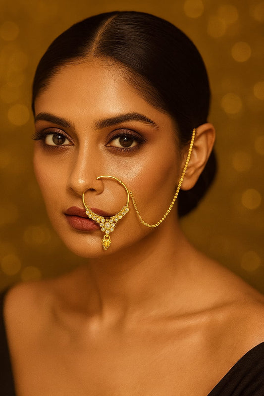 Gold Plated Bridal Nath with Stones – Traditional Indian Nose Ring for Weddings – Ring by Ladybug