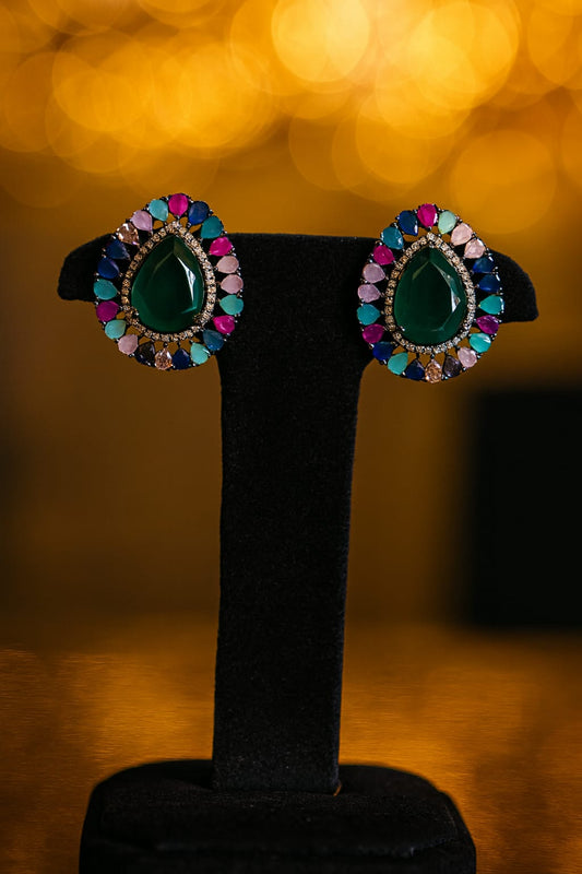 Green Teardrop Stud Earrings with Multicolor Stones for Women – Stud Earrings by Ladybug