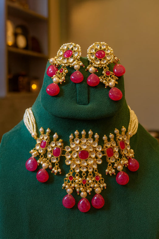 Luxury Indian Pachi Kundan Bridal Jewelry Set with Ruby Stones | Necklace & Earrings