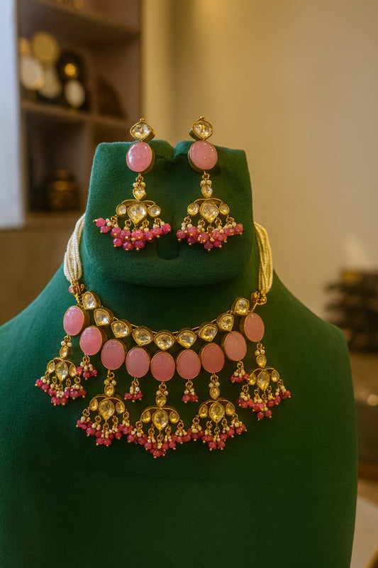 Elegant Indian Pachi Kundan Necklace Set with Pink Stones | Wedding & Festive Jewelry LB-710