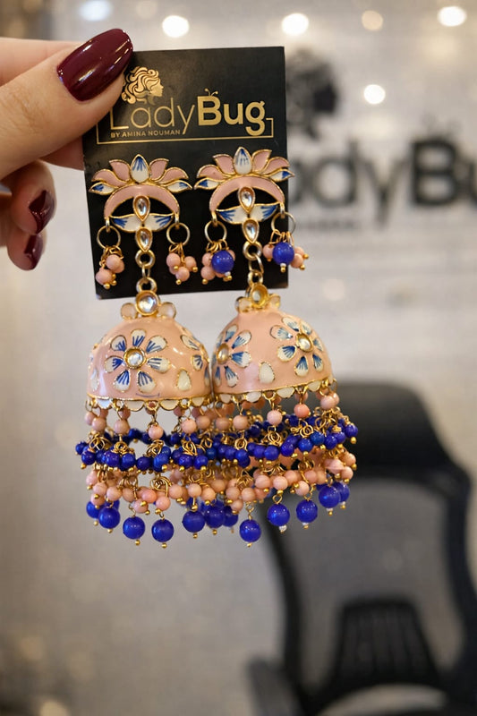 Kundan jhumka with meena in pink LB-374