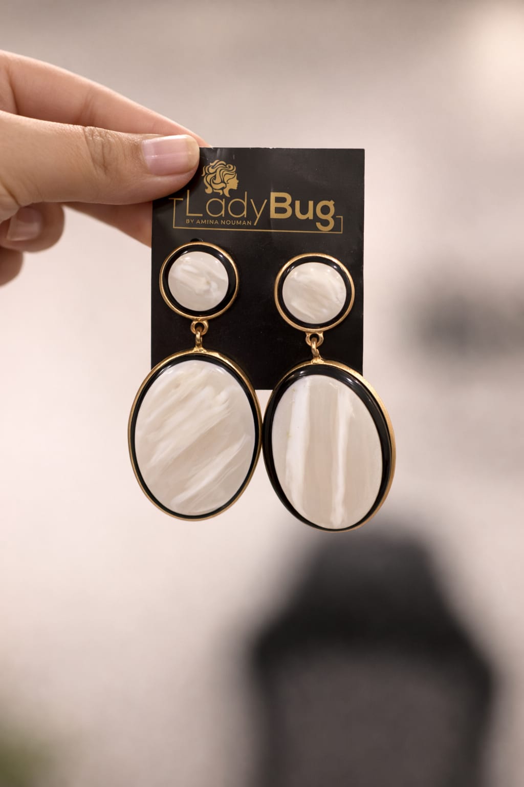 White Oval Statement Earrings with Gold & Black Border | Modern Ethnic Jewelry LB-378