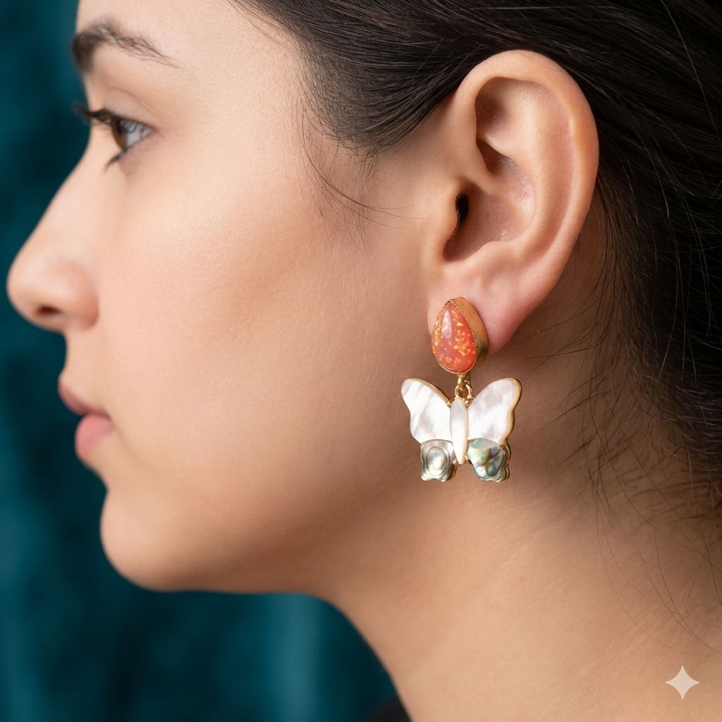 Butterfly Drop Earrings with Peach Stone