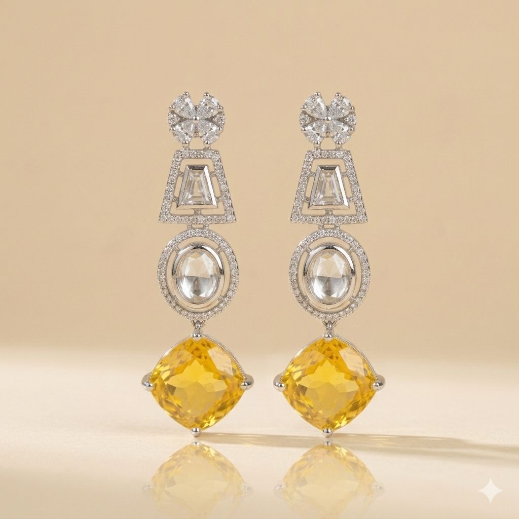 Yellow Stone Drop Earrings with Zircon Design