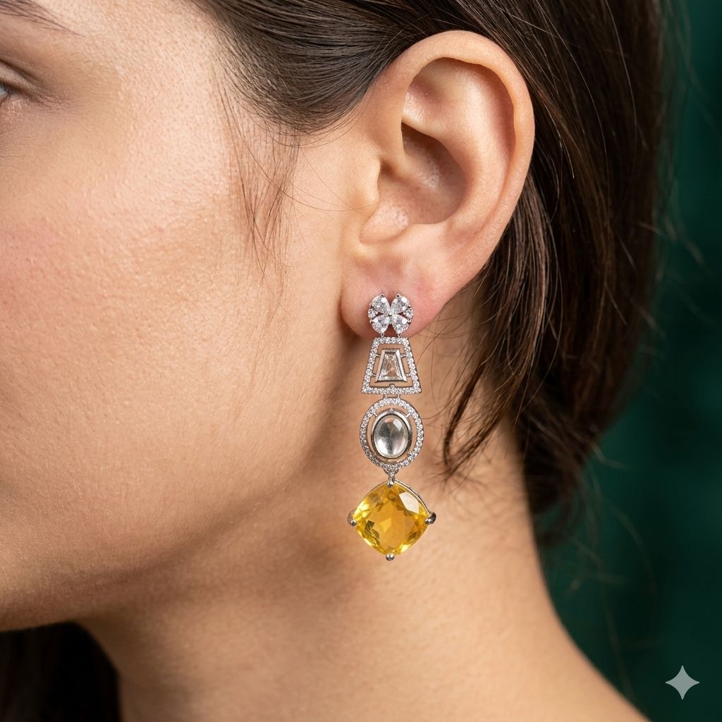 Yellow Stone Drop Earrings with Zircon Design