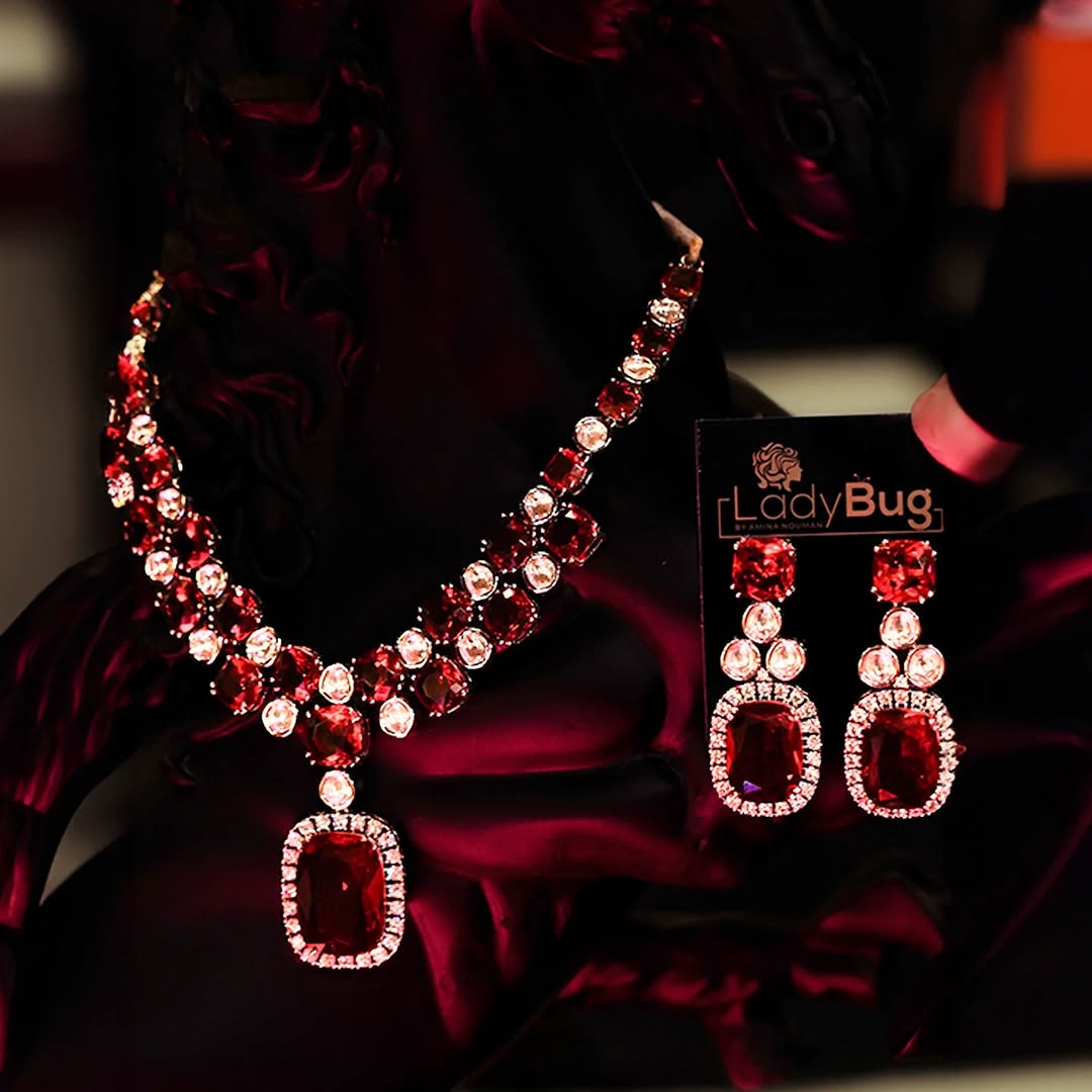 Rhodium -plated Indian set with Ruby Diamonds- luxury  jewellry collection