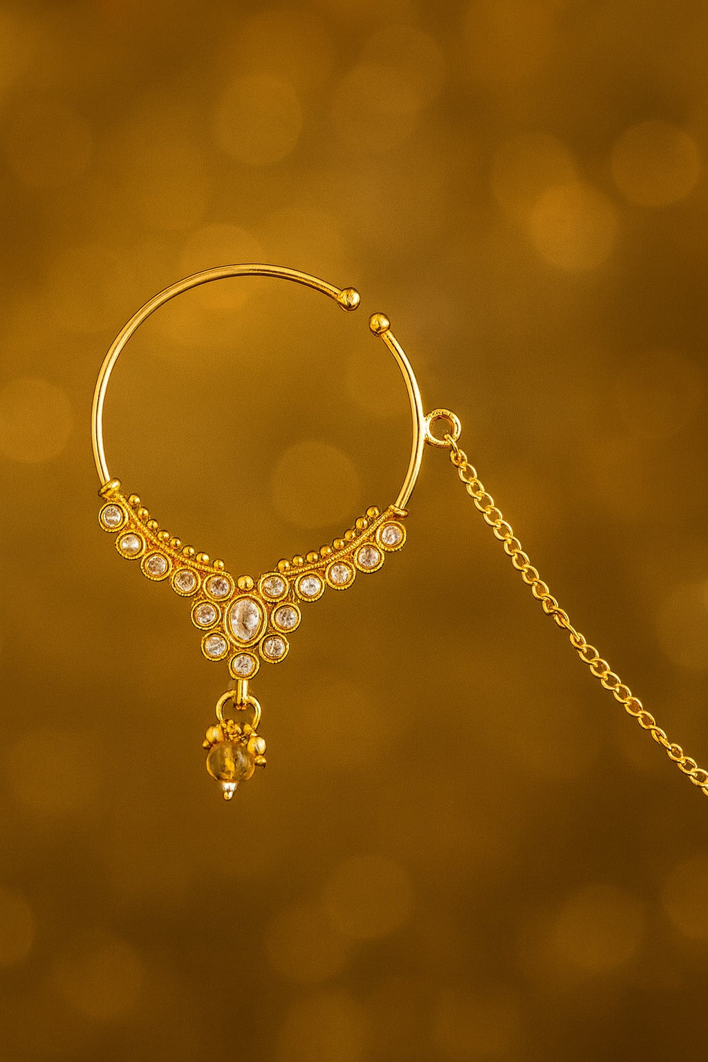 Gold Plated Bridal Nath with Stones – Traditional Indian Nose Ring for Weddings