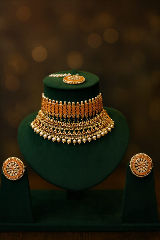 Indian Pachi Kundan Bridal Choker Set  | Traditional Polki Necklace,Bindiya  & Earrings ( LB-675,LB-674))