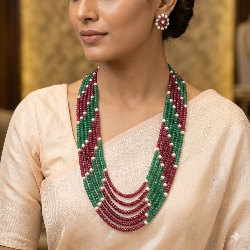 Rubi and Emerald Stones Mala with White Pearls LB-233