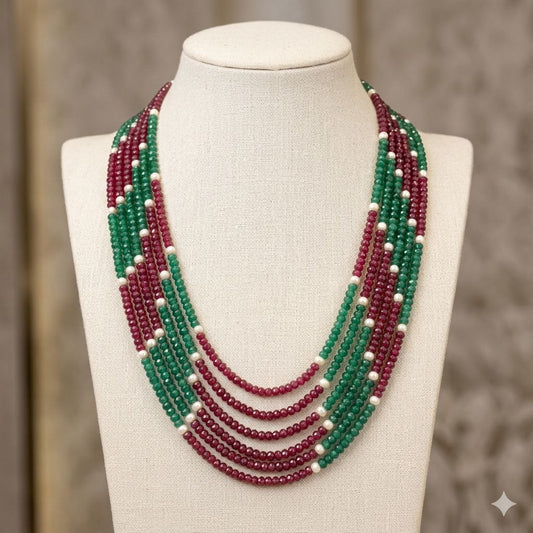Ruby and Emerald Stones Mala with White Pearls – Mala Necklace by Ladybug