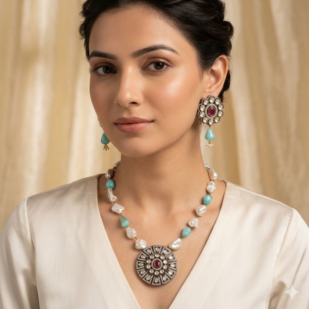 Mala set sapphire stone and white pearls LB-856