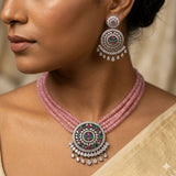 Pink Marble Stones Mala Set with Ad Zircons