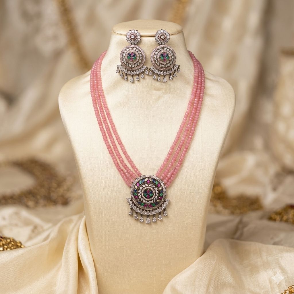 Pink Marble Stones Mala Set with Ad Zircons – Mala Necklace by Ladybug