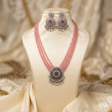 Pink Marble Stones Mala Set with Ad Zircons