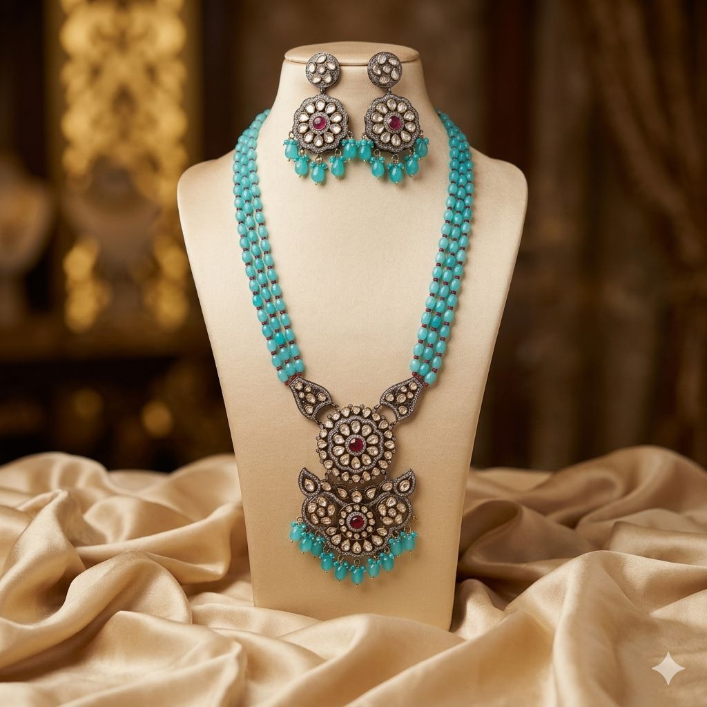 Mala Set with Big Ruby Stone Broach and Ice Blue Pearls lb 861