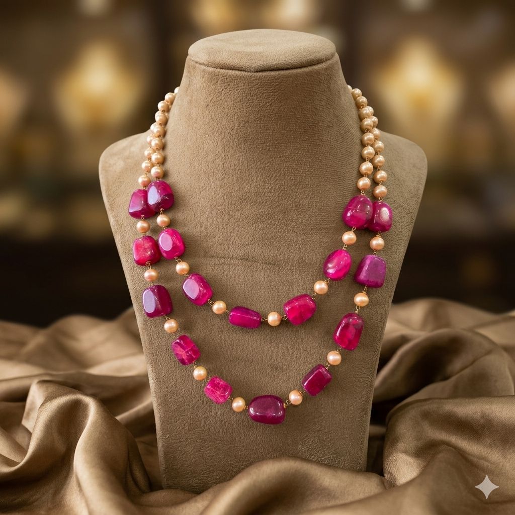Rubi Mala with pearls, double layers