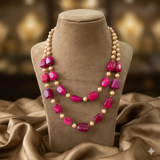Ruby Mala with pearls, double layers – Mala Necklace by Ladybug