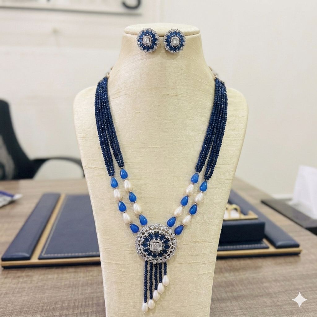 Mala Set Blue Stone With White Pearls lb-611
