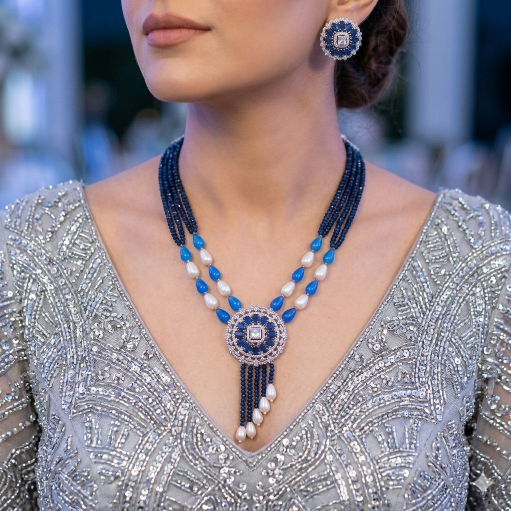 Mala Set Blue Stone With White Pearls lb-611