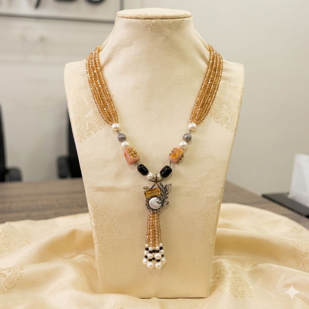 Long Mother pearl Mala with Champagne Stones – Mala Necklace by Ladybug