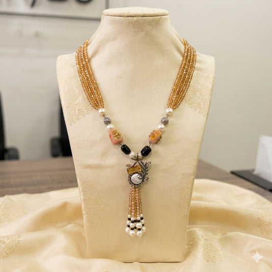 Long Mother pearl Mala with Champagne Stones – Mala Necklace by Ladybug