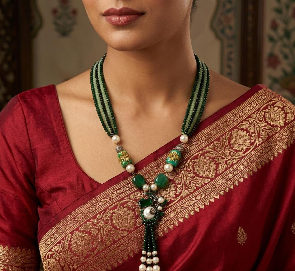 Emerald and Mint Colour Mala with Mother Pearls