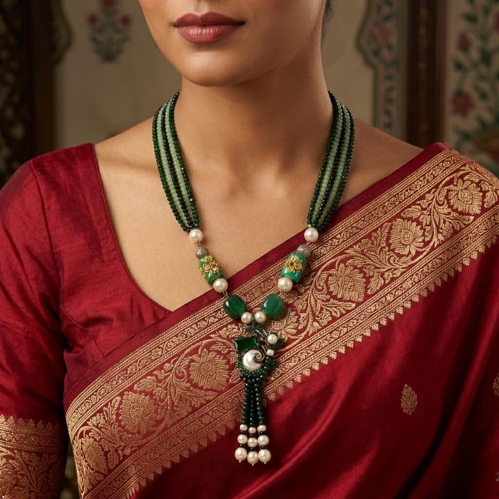 Emerald and Mint Colour Mala with Mother Pearls
