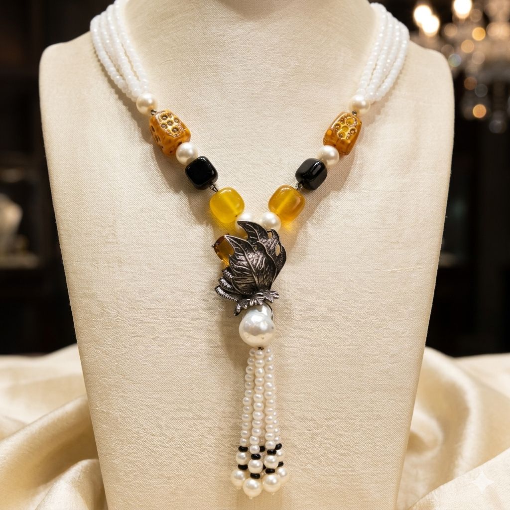 White Stone Long Mala with Lemon Yellow Colour