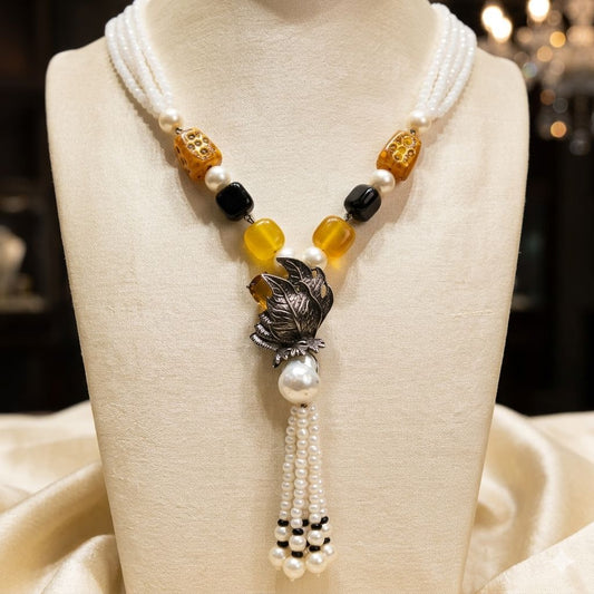 White Stone Long Mala with Lemon Yellow Colour – Mala Necklace by Ladybug