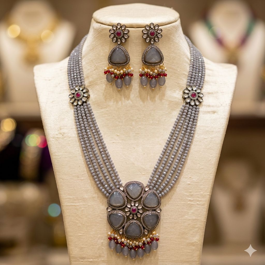 Victorian Polish Mala with Grey Stones – Mala Necklace by Ladybug