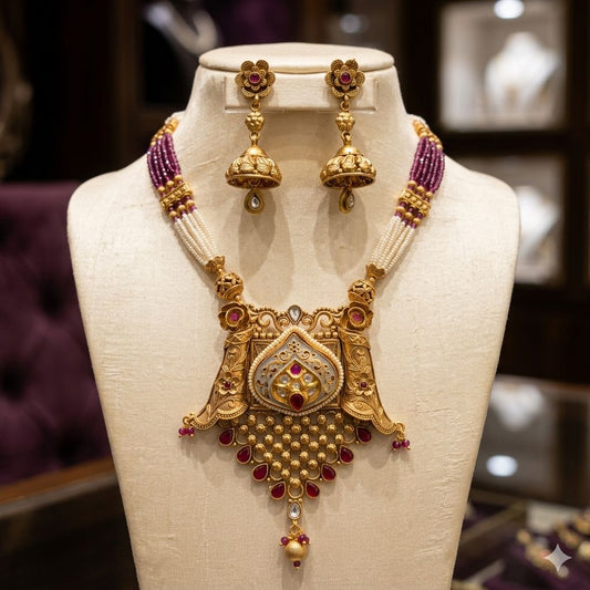 Rajwari set with matte polish and Tiyani Kundan (Gold) – Jewelry Set by Ladybug