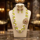 Tayani Kundan Morther Pearls Double Layers Mala with earrings in Mint color