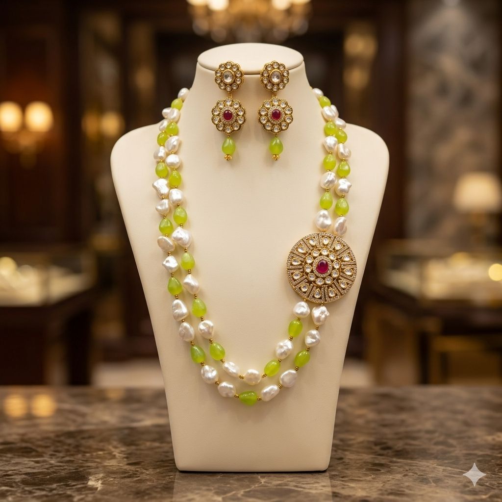 Tayani Kundan Morther Pearls Double Layers Mala with earrings in Mint color – Earrings by Ladybug