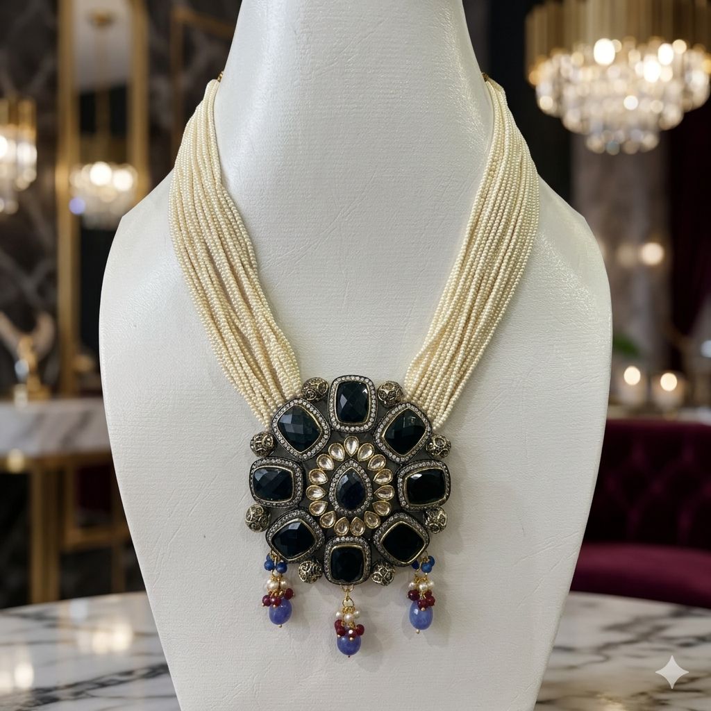 Kundan Mala Set with Sapphite stones & pearls – Mala Necklace by Ladybug