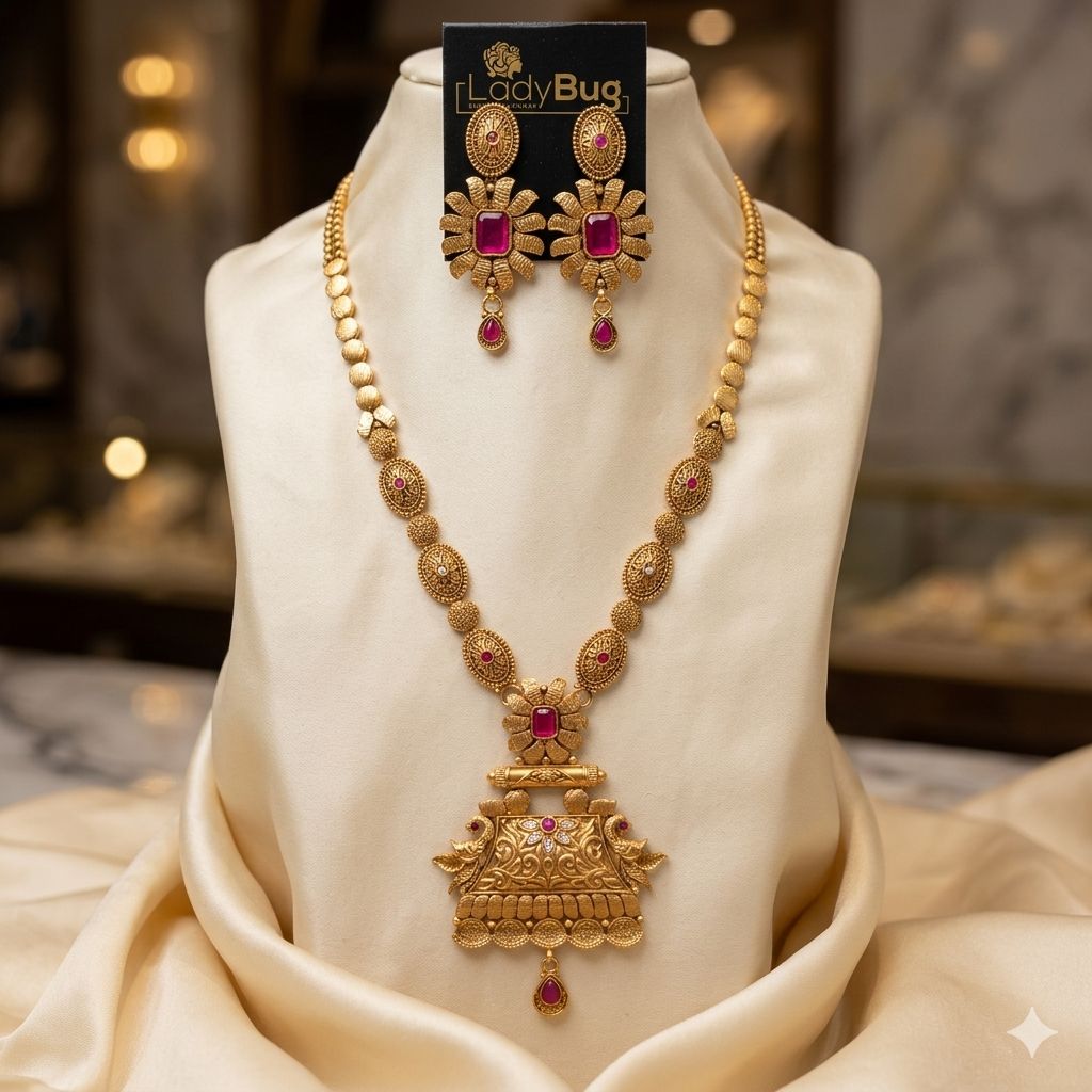 Rajwari Mala Set with Ruby Color – Mala Necklace by Ladybug