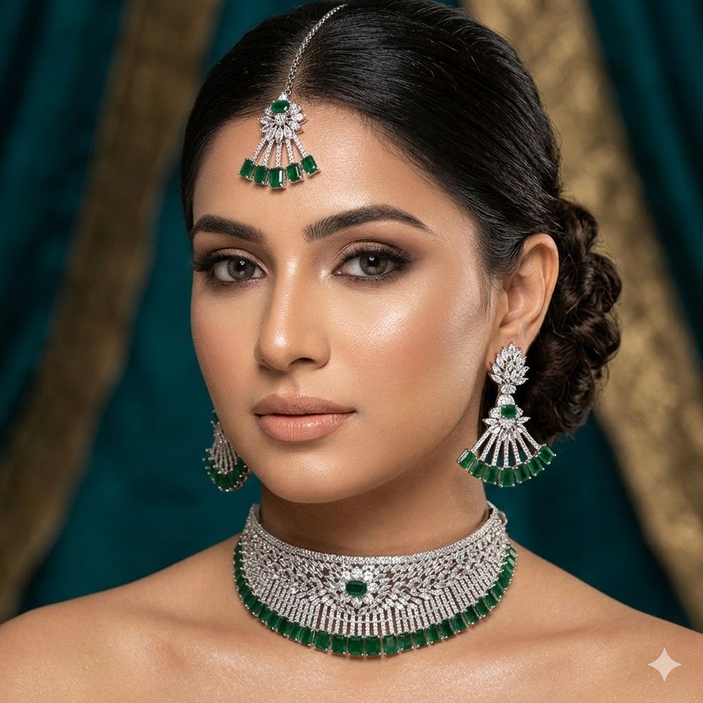 Rhodium-plated set with Emerald-colored stone and Swarovski