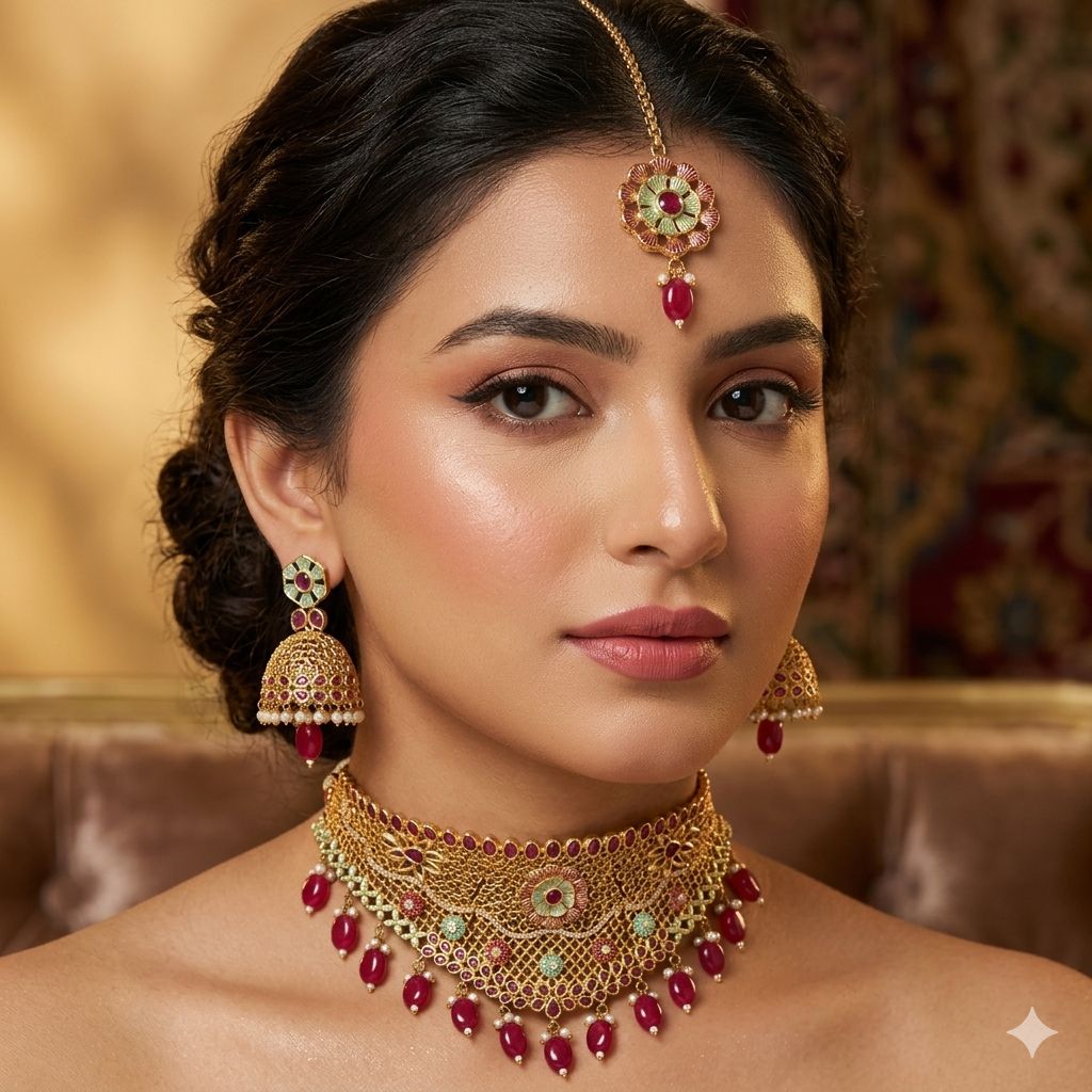 Gold-plated set with Ruby stones and hand paint – Jewelry Set by Ladybug