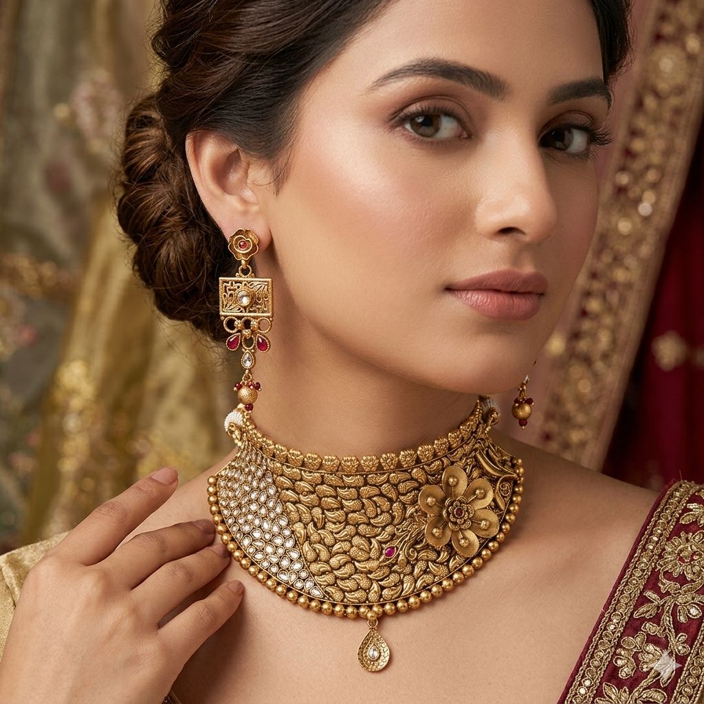 Rajwari Bridal Set embossing Tayani Kundan with Matte Polish – Jewelry Set by Ladybug