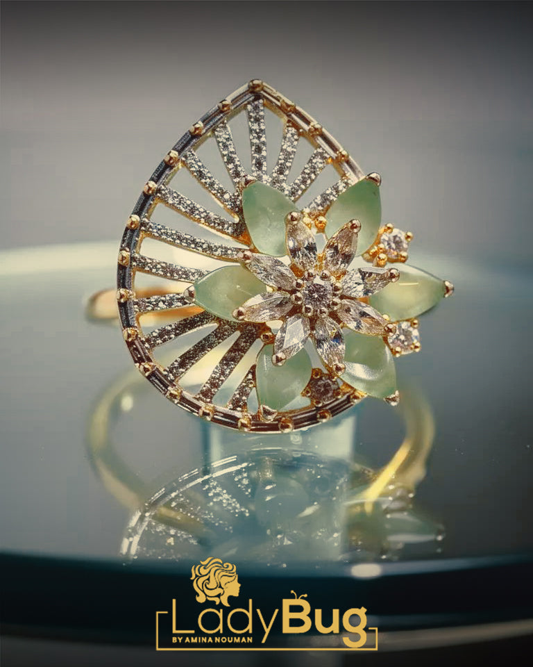 Duplet Stone Statement Ring – Floral Cocktail Ring with CZ Diamonds & Gold Finish – Ring by Ladybug